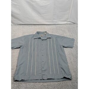 Bohio Linen Blend Cuban Guayabera Shirt Slate Blue Ruffle Mens Large Embroidered